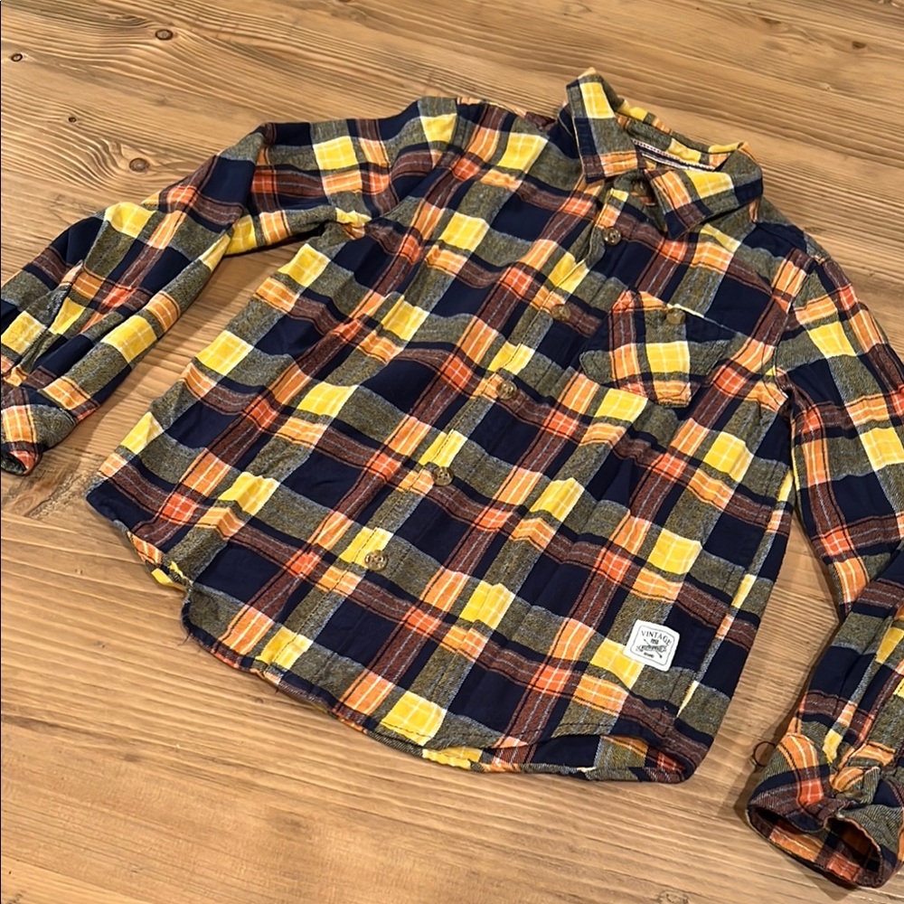 Kids Yellow, Orange and Blue Plaid Button-Up Shirt